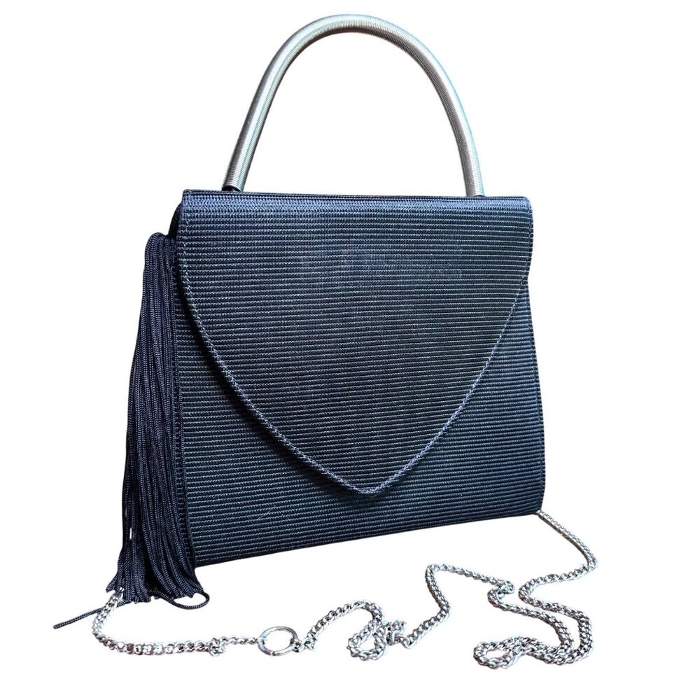Vintage-Inspired Black Ribbed Purse With Top Handle & Detachable Chain Strap - Picture 1 of 9